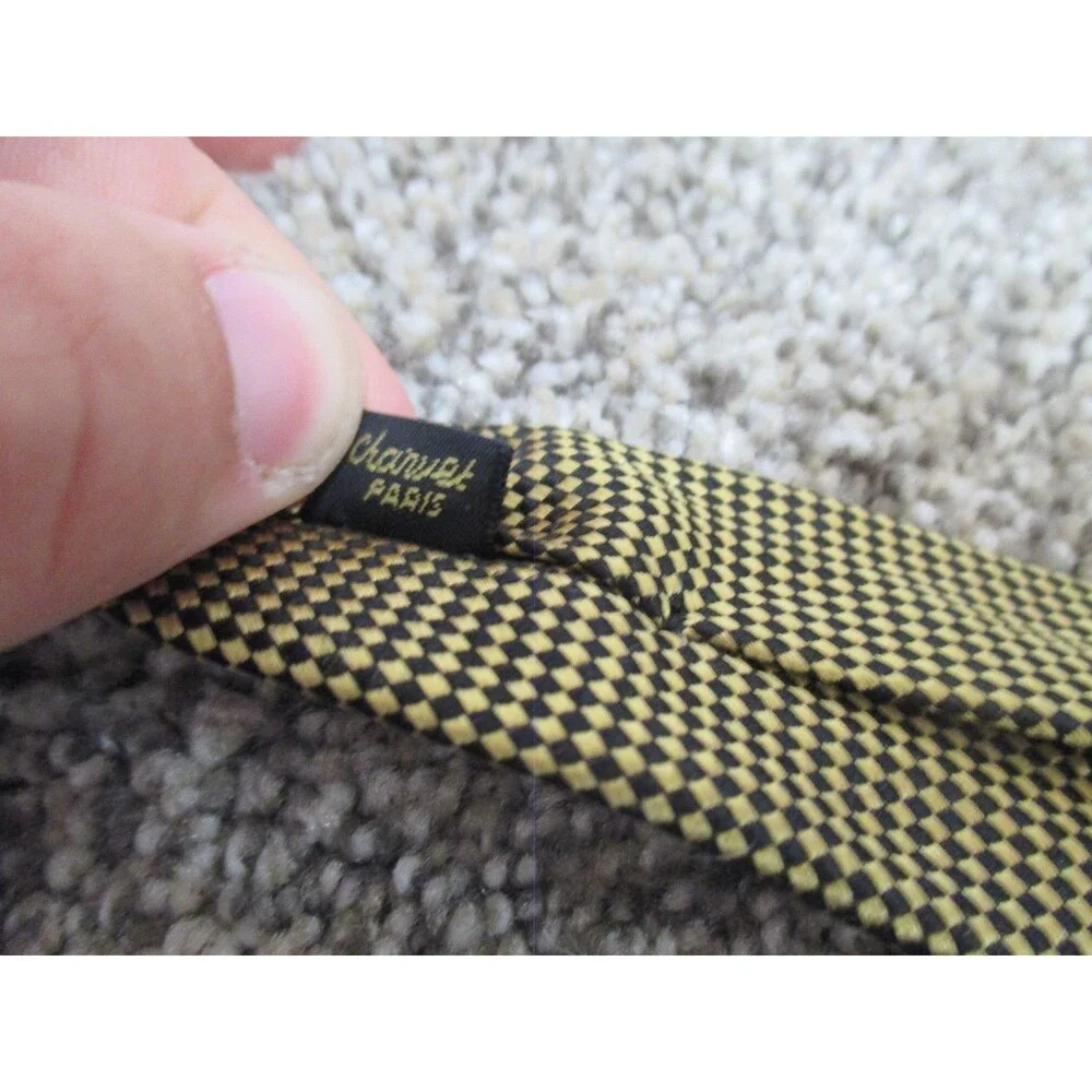 Charvet Place Vendome Yellow Tie - Yellow Black Cherckerboard silk french tie 4